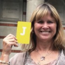 Journalist Ruth Gledhill holding the letter J