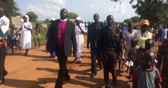 Bishop Daniel Deng Abot visits a refugee settlement in northern Uganda