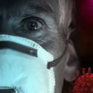 A man in a mask with a virus illustration